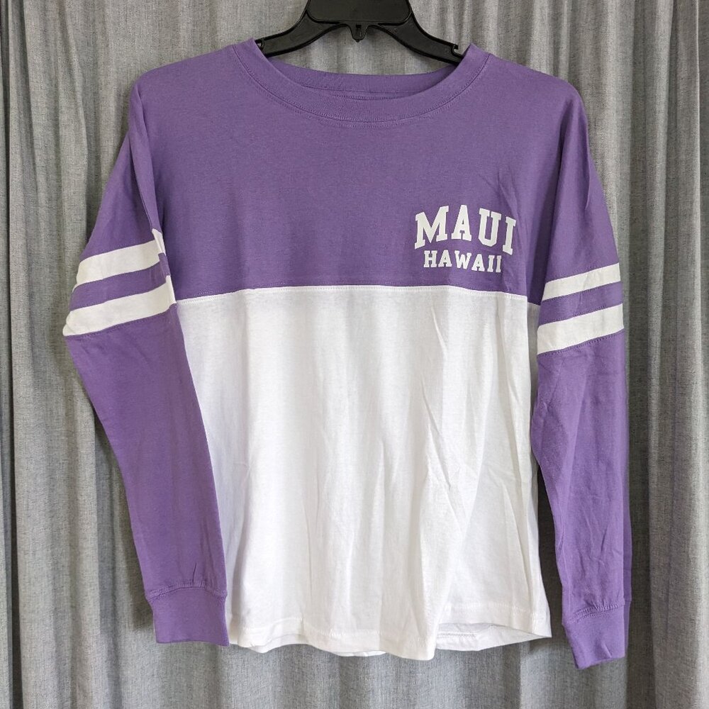Maui Hawaii shirt women's small long sleeve rugby shirt Exist purple white top